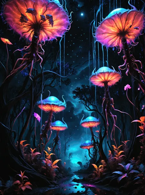 （Best quality，8k，high resolution，masterpiece：1.2），Super detailed，alien forest，harsh environment，(((dark night background，恐怖的外星dark night background，Black light art background))), 可怕的发光Alien Creatures，Powerful electromagnetic waves，Light Wave，Flying in the ...