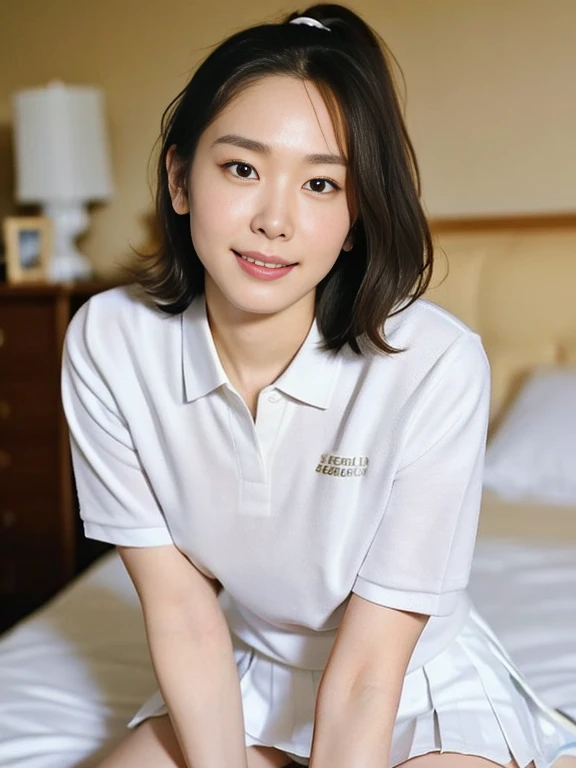 (Masterpiece, Best quality:1.3), (Ultra realistic, Photo-realistic:1.2), From above, Full body, Slender body, ((Seductive pose:1.2)), Bedroom eyes, ((Beautiful thighs:1.2)), Natural light, 28 years old actress, Japanese women, Neat and clean, (Ponytail hai...