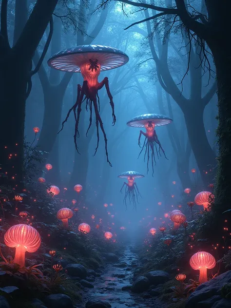 （Best quality，8k，high resolution，masterpiece：1.2），Super detailed，alien forest，harsh environment，(((dark night background，恐怖的外星dark night background，Black light art background))), 可怕的发光Alien Creatures，Powerful electromagnetic waves，Light Wave，Flying in the ...