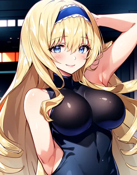 Cecilia Somak,blonde hair,leotard,blue leotard,Pilot Suit,(Large Breasts:1.5),Shiny,hair,((alone)),((masterpiece)),((Highest quality)),Perfect Anatomy,Narrow waist,Perfect image,8K Ultra HD,(Beautiful attention to detail:1.5),Very detailed顔,Are standing,(U...