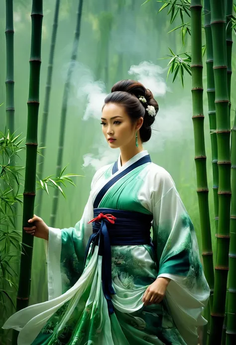 /I H entry screen, A woman in Hanfu stands among the bamboo groves, an epic fantasy scene with dark clouds in the sky and smoke effects, in the style of a Chinese ink painting depicting the martial arts world with cloud mist effects, like movie footage.--a...