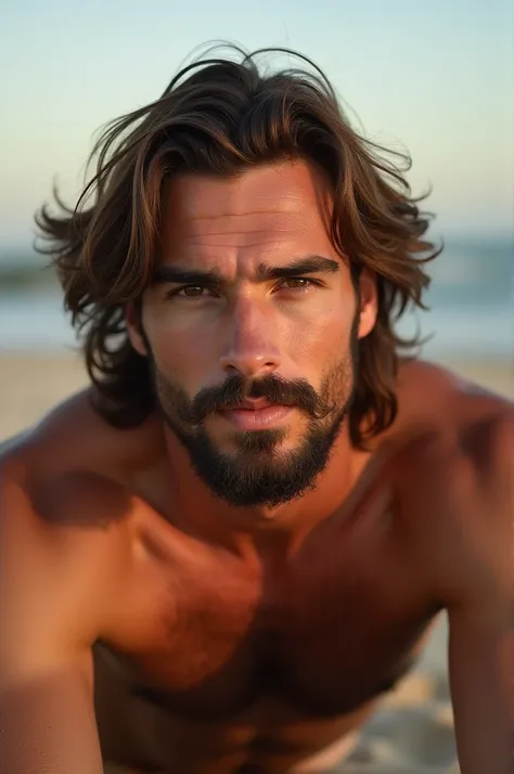 a handsome man with medium brown hair and beard, he is hairy and naked lying on the sand, high resolution photography, late afternoon light
