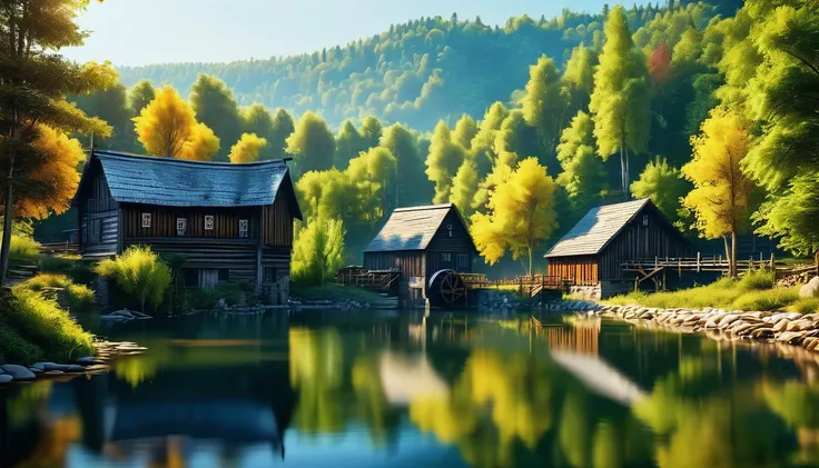 Morning. Nature. Sunny. Lake. Trees. Village .Forest. Professional photo, 4k, hyperrealism, f/16, 1/100s, high definition, depth of field, hyper detail. Beautiful. In the distance there is a wooden mill,