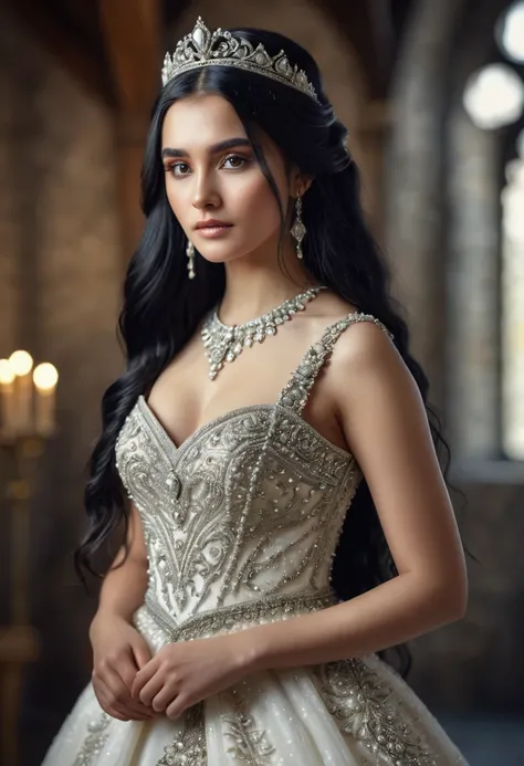 (full body shot) photorealistic image of a bride, ultrarealistic, long black hair, woman, 20 years old, blur background, she is wearing a beautiful medieval style wedding dress studded with stones and diamond tiara, is posing in a studio, perfect lighting,...