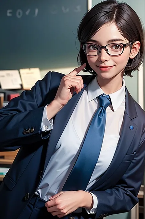 create a teacher character, short hair, blue formal clothes, wearing glasses, smiling, full body