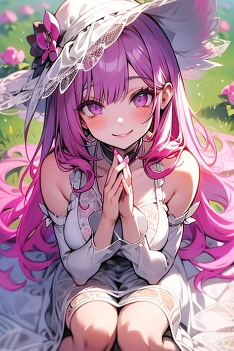 Perfect face. Perfect hands. A pink haired woman with violet eyes and an hourglass figure in a white lacy lingerie is laying in a field of peonies on her knees with a big smile