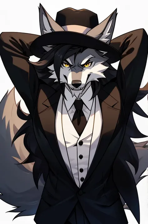 close up POV, furry, anthro, wolf, wolf ears, fluffy wolf tail, (grey and white fur), long black curly hair, hair covering one eye, messy fur, neck floof, sharp yellow eyes, razor sharp teeth, slim body, handsome, sexy, hourglass body, wearing a black wide...