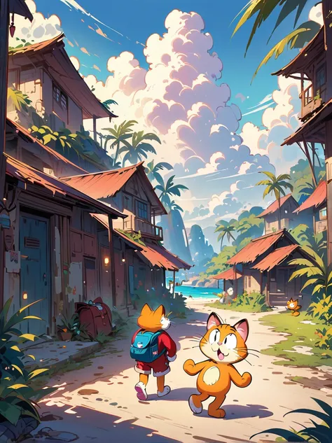 masterpiece, best quality, high res, concept art, illustration, garfield cat, traveling, backpack, tropical island, outdoor landscape, sunny sky, 8k, cinematic lighting, vibrant colors, dynamic composition