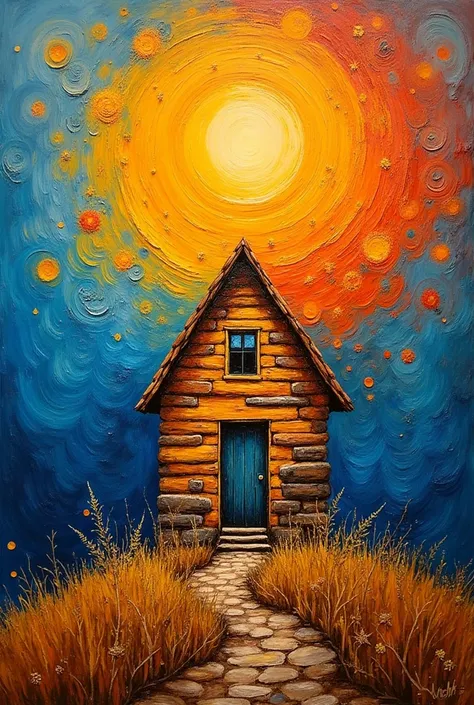 A painting of House of the Sun in a mixed style of Newman, Richter, and van Gogh, with thick paint, big brushstrokes, and following the golden ratio rules