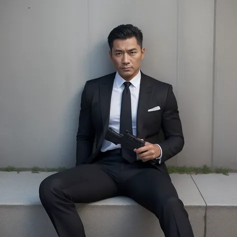 50 years old,One Man,Black Suit,mafia、Sit on the wall with your legs apart、erection、The crotch area is bulging、Lookout、gun、Dark-skinned Asian man with narrow eyes、,muscle,Gay ,Very short hair、,Stubble、Stubble,Asian man&#39;s face,Hermes Belt。Black socks