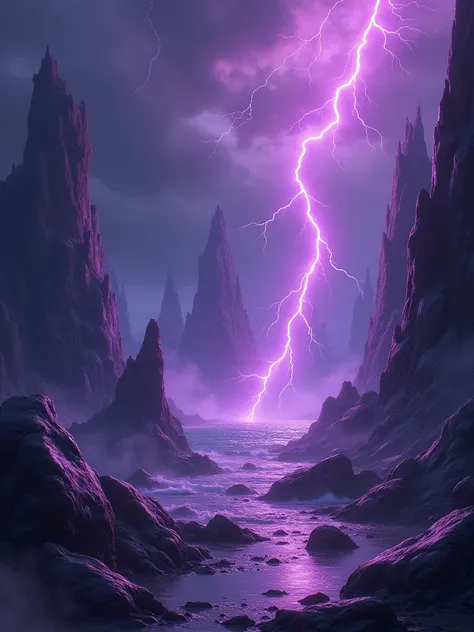 dark rocks and stones, surrounded in the style of purple lightning, fantasy style, fantasy world background, league of legends splash art