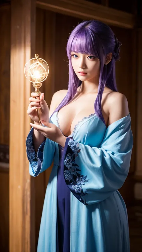 ((masterpiece)), ((Highest quality)), (Very detailed), ((cute)), cute, (cute), ((Very detailed)), 4K, (8k), Highest quality, (beautiful), figure, Noble, a cute girl, alone, magician, Majestic, Robe, Mysterious, aura, Magic wand, beautiful purple hair, beau...