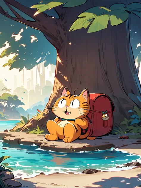 masterpiece, best quality, high res, concept art, garfield cat, sit under tree, backpack, in island, outdoor, sunny sky, 8k, cinematic lighting, vibrant colors, male focus