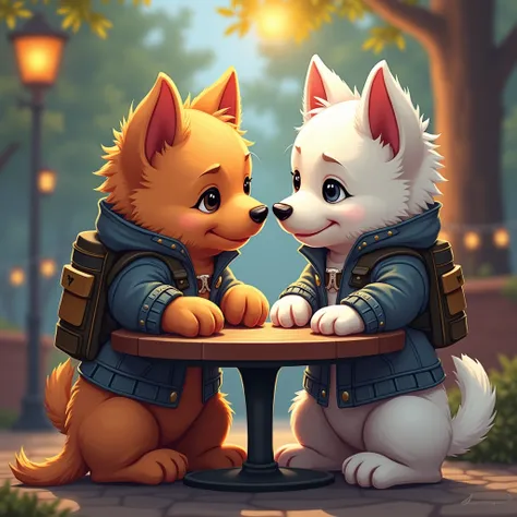 2 cute puppies playing, Conhecido como Puppy cyberpunks, Filhote de Puppy branco e marrom e gatinho siamês bonito, Puppy, dogsdogsdogs , Kittens, cats, catscats. They sat together at a bar table, Wearing futuristic Cyberpunk clothes. They are cute in the s...