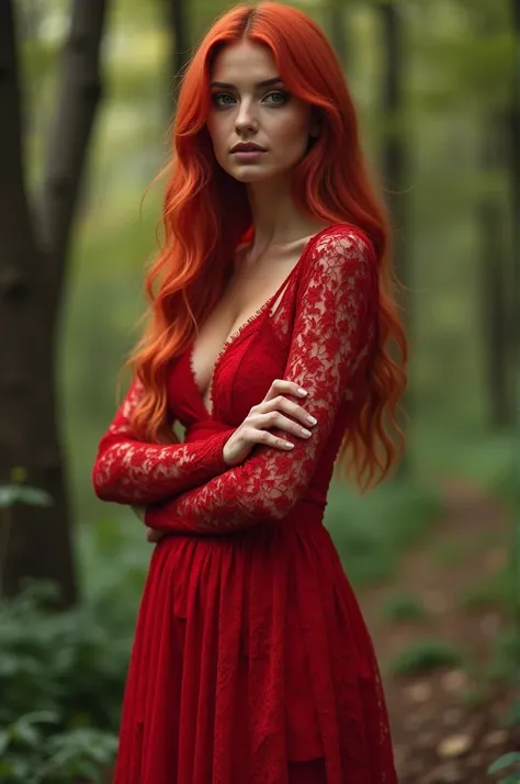 here is a woman in a red lace dress posing for a picture,intrigante transparent lacedress,in the forest,  red waist-long hair, in woods, in a tree, crimson peek, in the woods, , in nature, 