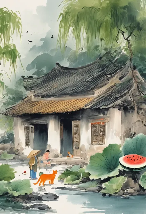 Cartoon Chinese style,An old man wearing a straw hat sits under a thatched hut eating watermelon,and next to an orange cat sits beside him,Features of the comic style,rough drawing,colorful cartoon illustrations,Simple lines,flat coloring,and Chinese-style...