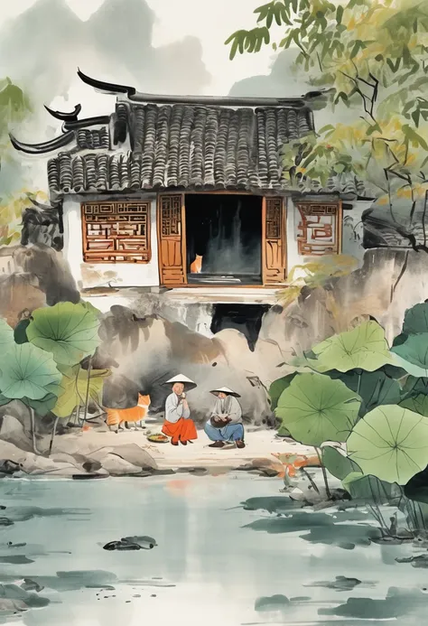 cartoon chinese style,an old man wearing a straw hat sits under a thatched hut eating watermelon,and next to an orange cat sits ...