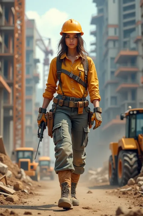 Girl at the construction site, wear long sleeve shirts, cargo pants, Helmet, Safety harness for working at height, and holding a Powerful methods in her hand.

(High resolution,4K,Highest quality:1.2),Very detailed,(Realistic:1.37),Large-scale construction...