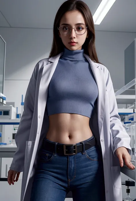 girl in the laboratory, Turtleneck, (laboratory coat), Show navel, belt, Revealing the abdomen below the navel, Dress well, glasses, blue jeans, laboratory
