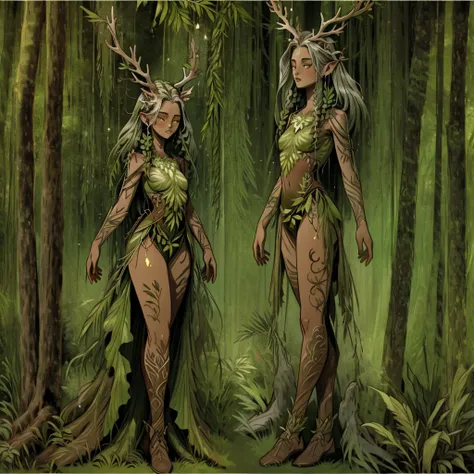 dryad girl in a forest, ((solo woman)), ((plant girl)), silver bark skin, (tall and thin), giant deer antlers atop head, humanoi...