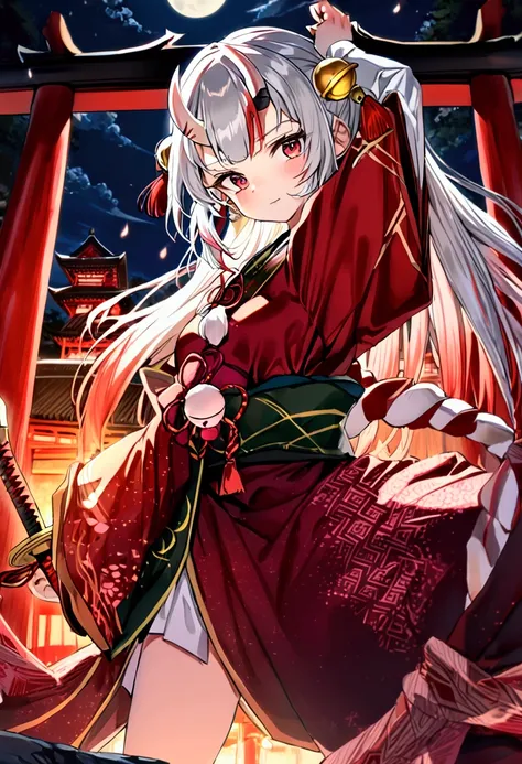 (masterpiece, highest quality, high resolution,anime), ((nakiri ayame, hololive, gray hair, horn, beautiful girl, wearing a bell...