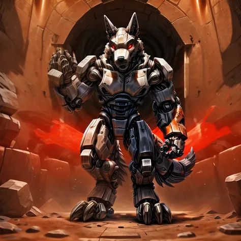 black robot male muscular anthro wolf, standing, one feet standing on a stone, right hand holding a picaxe, left hand holding a ...