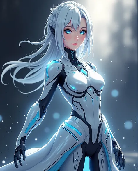 ((Holographic glow effect)),8k, Highest quality, (real:1.4), Original photo, 1 girl, Asari Hair, Biological Amplifier, refined armor, posture: Peace talks between warring factions, smart blue eyes,whole body