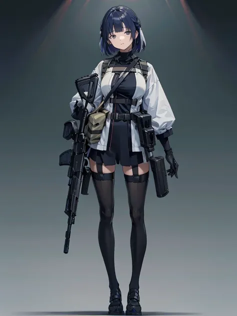 holding_gun, RPK-16, Carry a sniper rifle on your back,Shooting guns, Hair is blue, In the spotlight, The background is a dark and desolate landscape, Horror movie atmosphere. Her figure is very beautiful, Emphasizing the dark and crazy elements. Skillfull...