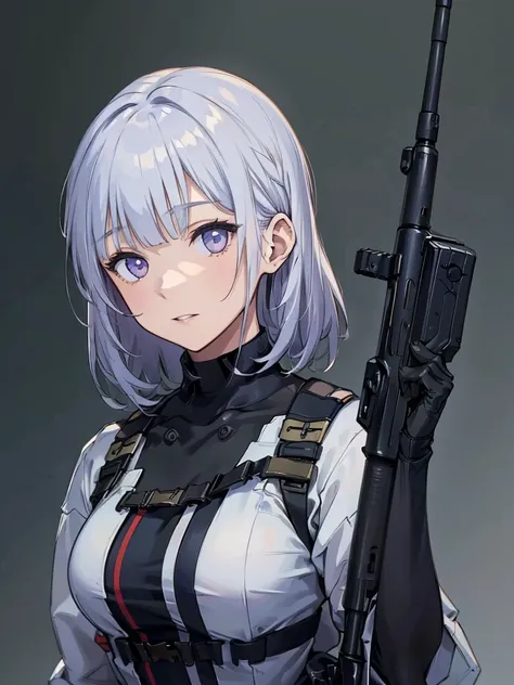 holding_gun, assault_rifle,  RPK-16, Carry a sniper rifle on your back,Shooting guns, Hair is blue, In the spotlight, The background is a dark and desolate landscape, Horror movie atmosphere. Her figure is very beautiful, Emphasizing the dark and crazy ele...