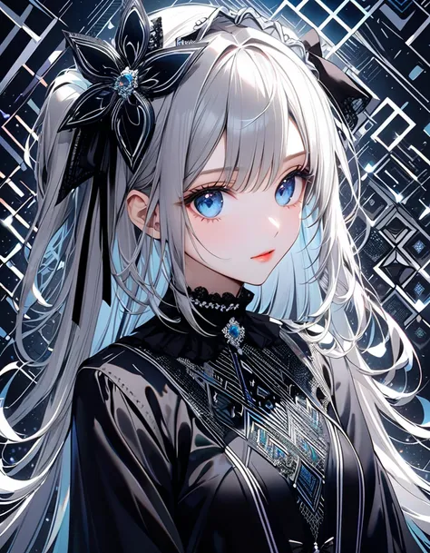 (digital art:0.2),(geometric art:1.7),(top-quality),(masterpiece),Delicately drawn face,girl with a pretty face,beautiful detailed blue eyes,Gothic Lolita Fashion,((Black and white costume)),(Beautiful silky silver hair:1.2),black ribbon hair ornament,Film...