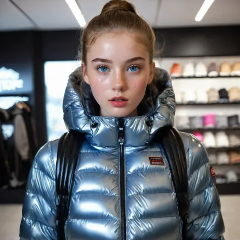 a slim ponytail 16 year old girl,beautiful detailed eyes,beautiful freckles,beautiful detailed lips,extremely detailed eyes and face,longeyelashes,in beautiful detailed hooded  formfitting duvetica overfilled super gleamy thick glossy opened puffer jacket ...