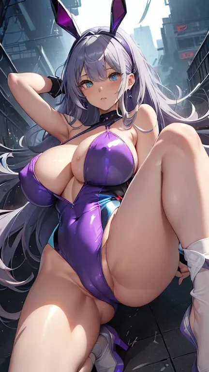 (Bunny earmuffs:1.3)、(Composition from the front:1.2).(squat, Spread your legs:1.8)、(Cowboy Shot:1.5)、(Shiny light purple x shiny blue high leg sexy swimsuit:1.6)(Browsing Caution:1.8).(Glowing Skin:1.8).(Wet Skin:1.3).(Huge breasts:1.7).(Nipples are visib...