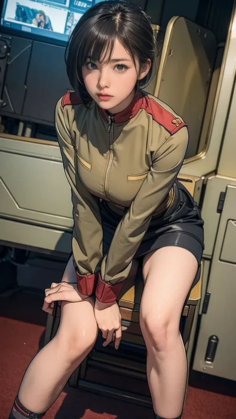 10-year-old girl、Earth Federation Operator Girl Soldier、Black short hair、Large Breasts、Cute like an idol、Childish face and appearance、Operator intercom mounted on head、Accurately drawn faces、thin、健康的なKnee-lengthスカート風の地球連邦軍、Knee-length、Inside the bridge of ...