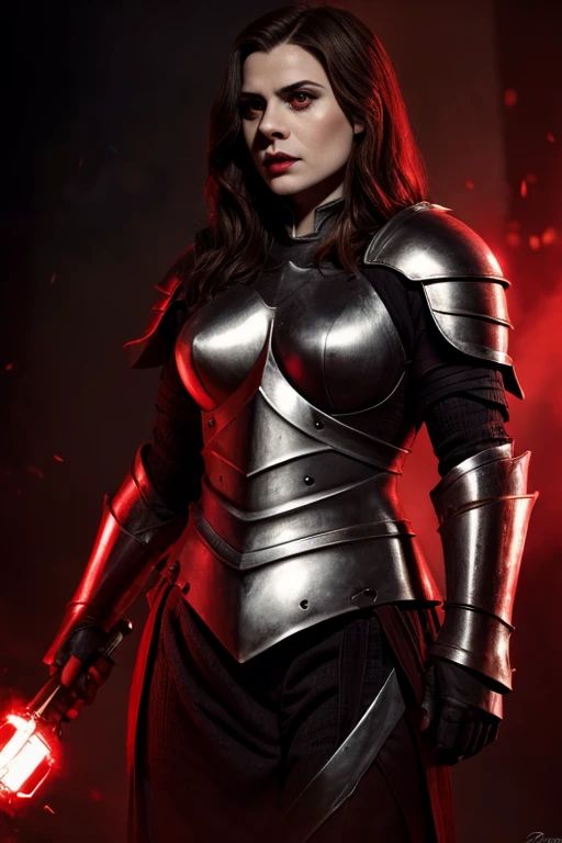 vampire hayley atwell with her red glowing eyes in a full palte of knight armor