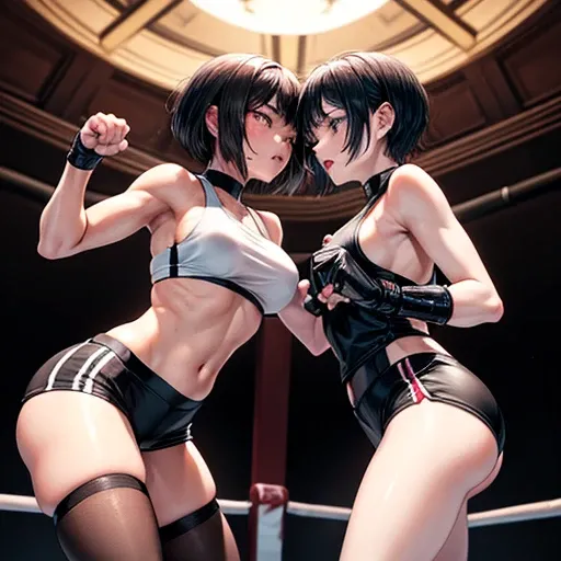 punch, punch, punch. survival dynamic exciting battle in the octagon ring whole body picture. two bloody beautiful Japanese female fighters are looking at each eyes. they are beating each other so hard. they are pressing their fists against each others bod...