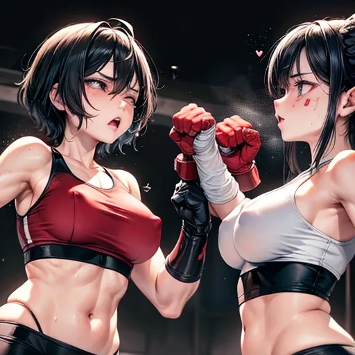 punch, punch, punch. survival dynamic exciting battle in the octagon ring whole body picture. two bloody beautiful Japanese female fighters are looking at each eyes. they are beating each other so hard. they are pressing their fists against each others bod...