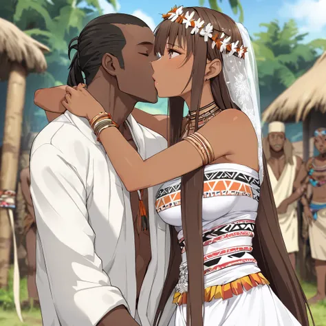 ((Highest quality)), ((masterpiece)), (detailed), （Perfect Face）、The woman is Yuuki Asuna, a black woman with dark skin and medium-long black hair in a tribal hairstyle, and in an African tribal village she is dressed in tribal clothing, tribal accessories...