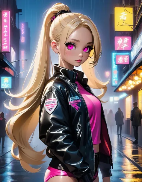 Create a detailed character with long blonde hair tied in a high ponytail, featuring pink streaks. She has bright pink eyes with long eyelashes. Her outfit includes a tight black leather jacket and matching pants. She wears open-toe high-heeled boots showi...