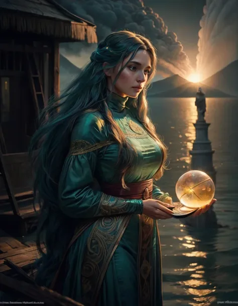 A photo realistic picture of a Beautiful cyan long flowing haired Earth Woman, (blown up hair:1.2), wear overall covered turtleneck Tosca green gown ornated with golden lace and 24 carat diamonds, happily bring bright bluish water orb in her left hand, app...