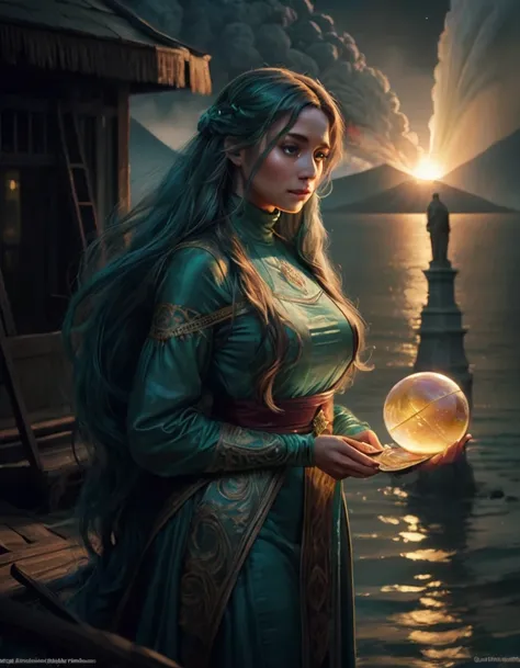 A photo realistic picture of a Beautiful cyan long flowing haired Earth Woman, (blown up hair:1.2), wear overall covered turtleneck Tosca green gown ornated with golden lace and 24 carat diamonds, happily bring bright bluish water orb in her left hand, app...