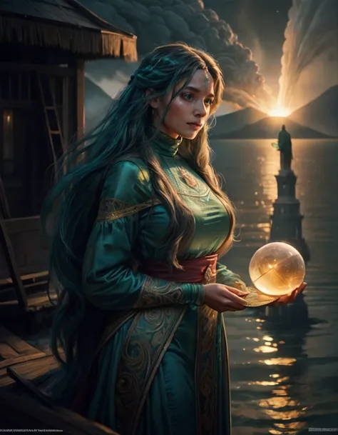 A photo realistic picture of a Beautiful cyan long flowing haired Earth Woman, (blown up hair:1.2), wear overall covered turtleneck Tosca green gown ornated with golden lace and 24 carat diamonds, happily bring bright bluish water orb in her left hand, app...