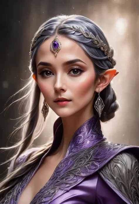 photoshot portrait image of a {1elven stunning pose, elegant photo_model pose, glowing shiny black royal regalia robe, perfect proportional anatomy, purple retina, thick black eyeliner, long eyelash, dark violet skin, sharp pointing nose, silver_black shor...