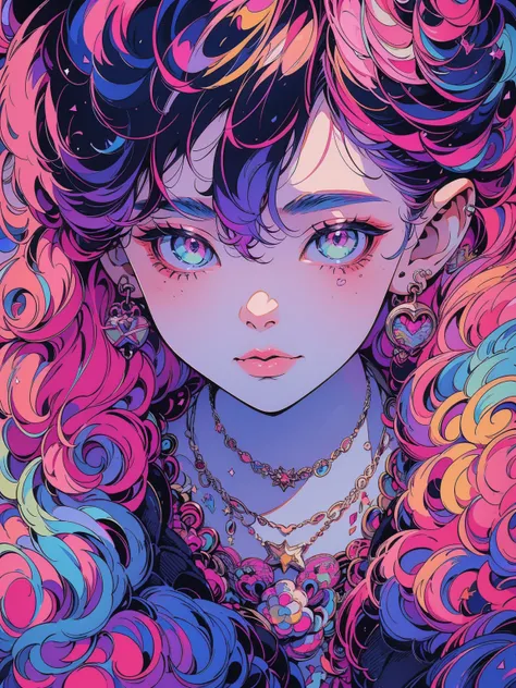 Close-up of a woman with colorful hair and necklace, anime girl with cosmic hair, Rossdraws soft vitality, Gouvez style artwork, fantasy art style, colorful], vibrant fantasy style, Rossdraws cartoon full of vitality, cosmic and colorful, Guweiz, colorful ...