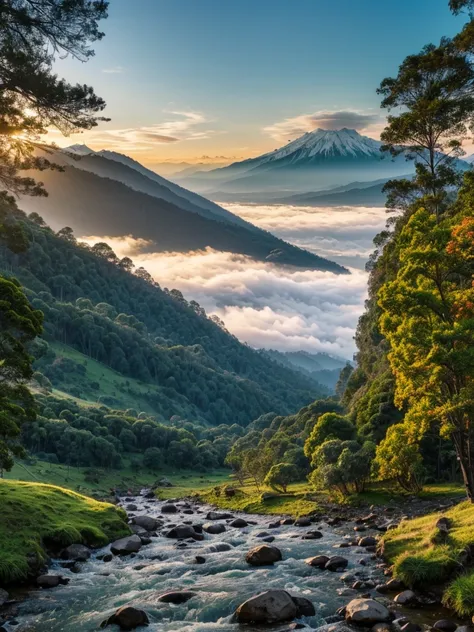 1 beautiful detailed mountain landscape in indonesia, lush green forest, flowing river, snow-capped peaks, golden hour lighting, dramatic clouds, (best quality,4k,8k,highres,masterpiece:1.2),ultra-detailed,(realistic,photorealistic,photo-realistic:1.37),vi...