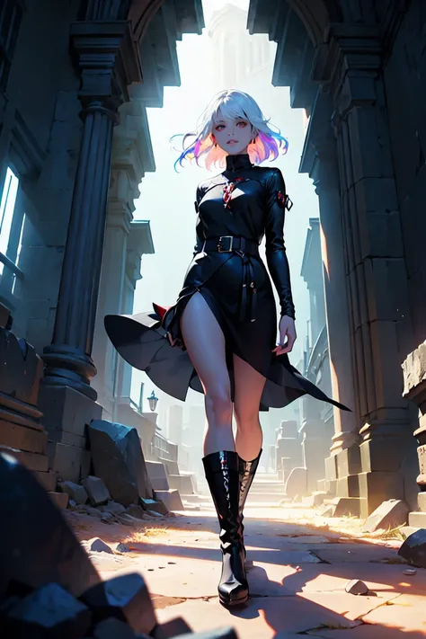 Girl with long white hair down to her waist, with small red details, red eyes, long black dress with a leg slit, with red details, long black boots up to below the knees, white skin, the ground around her is cracking and small stones are floating around he...