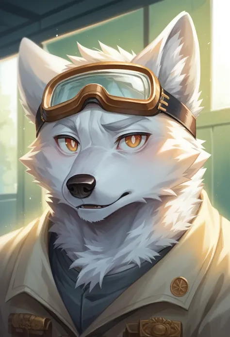 (Best image quality),(masterpiece),(((only))),(Very detailed),(Male Arctic fox:1.5), (White skin:1.3), hairy，(White fur:1.3),((Golden pupils)) ,(Gray ears),(hairy 动物 耳朵s)，Wear goggles，Natural Lighting，Complex background,Delicate face，Facial details，charact...