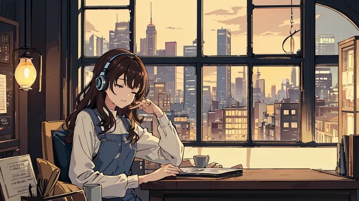 A young woman is sitting comfortably in a modern, cozy room with a cityscape visible through a large window at night. The main object of focus is the woman, who appears to be in her late teens or early twenties. She has long, wavy brown hair and is wearing...