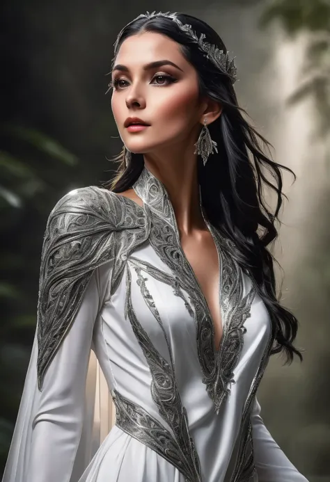 photoshot portrait image of a {1elven stunning pose, elegant photo_model pose, glowing shiny black royal regalia robe, perfect proportional anatomy, thick black eyeliner, long eyelash, dark skin, sharp pointing nose, silver_black short haircut, jewelry, ti...