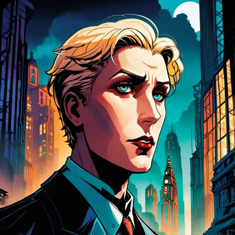 graphic novel illustration. side portrait, 1boy, blonde, stare, sense of suspense and mystery. vibrant and moody, retro-futurist...