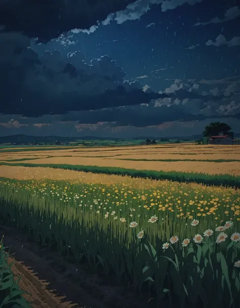 Masterpiece 8k Studio ghibli a field with flowers at noon clouds wheat fields shadow, 8khdr    sol     ilumination!!!!      rainy night